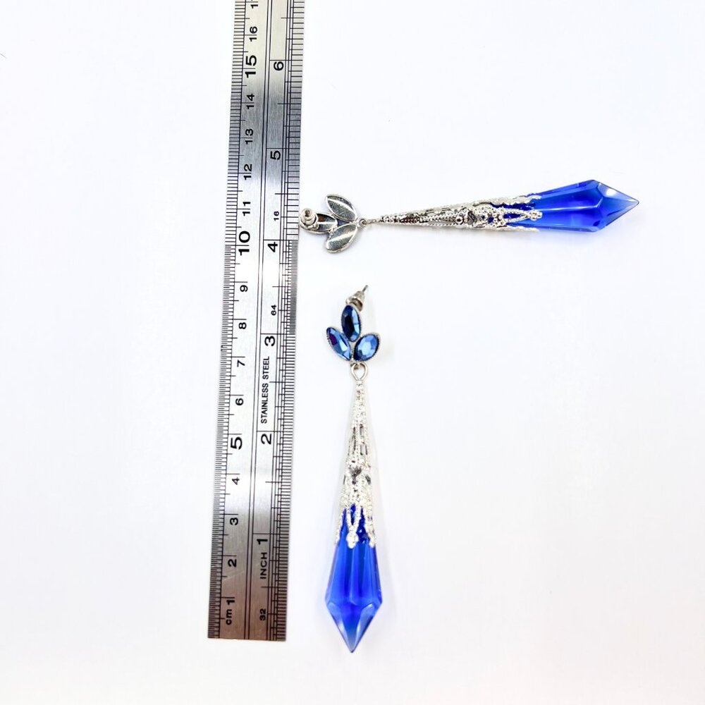 NWT – Charming Charlie – Blue Jeweled Drop Glass Dangle Silver Tone 3.5” Earring - Picture 7 of 9